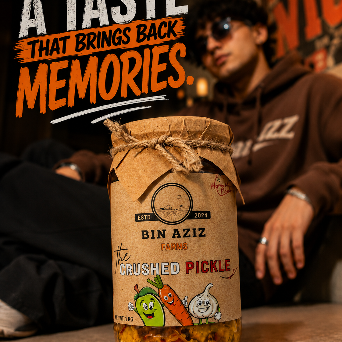 Jar of 'The Crushed Pickle' with promotional text and a person in the background.