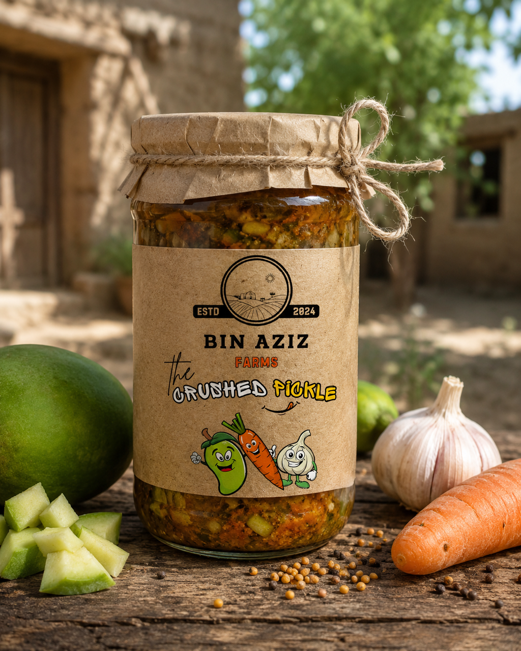 A jar of Bin Aziz Farms Crushed Pickle sits on a rustic wooden table outdoors, surrounded by fresh ingredients including a green cucumber, a whole garlic bulb, a carrot, and loose seeds. The jar has a kraft paper label and is sealed with a matching kraft paper lid tied with twine.